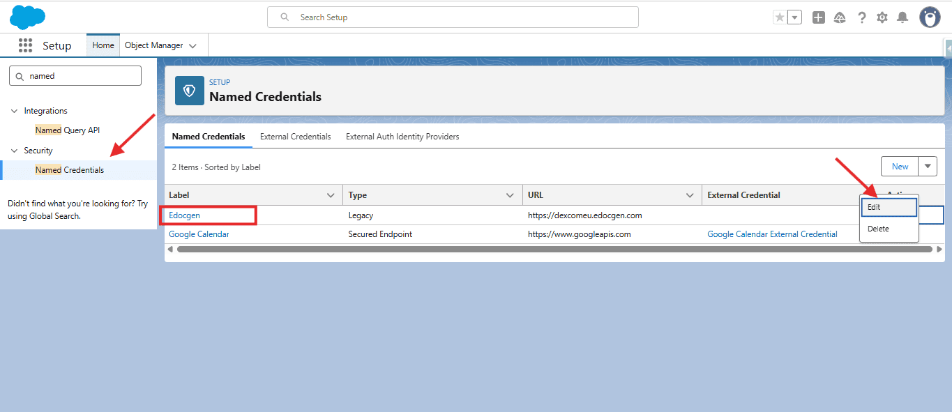 Named Credentials list in Setup